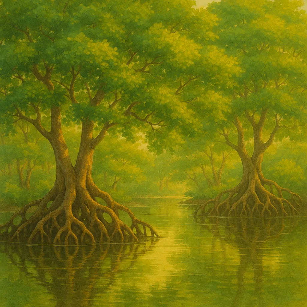 Discover a puzzle with a tranquil mangrove scene where twin trees rise from graceful exposed roots into a canopy of soft greens and golden light.