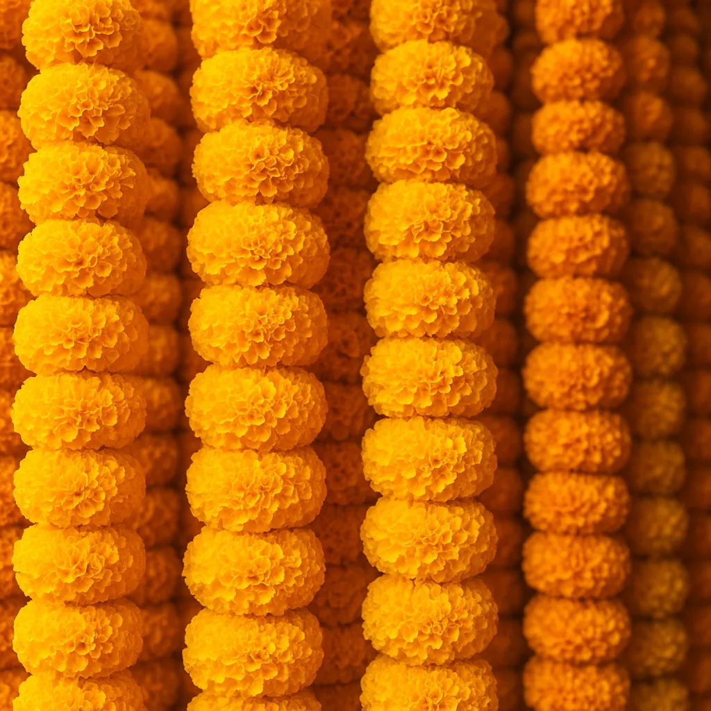Discover a puzzle with close-up strands of vibrant marigold garlands, showing rich orange and golden-yellow blooms arranged in neat vertical rows.