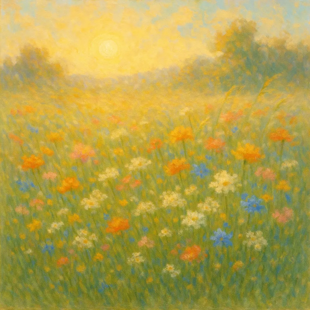 Discover a puzzle with a dreamy impressionist meadow bathed in warm, golden sunrise light.