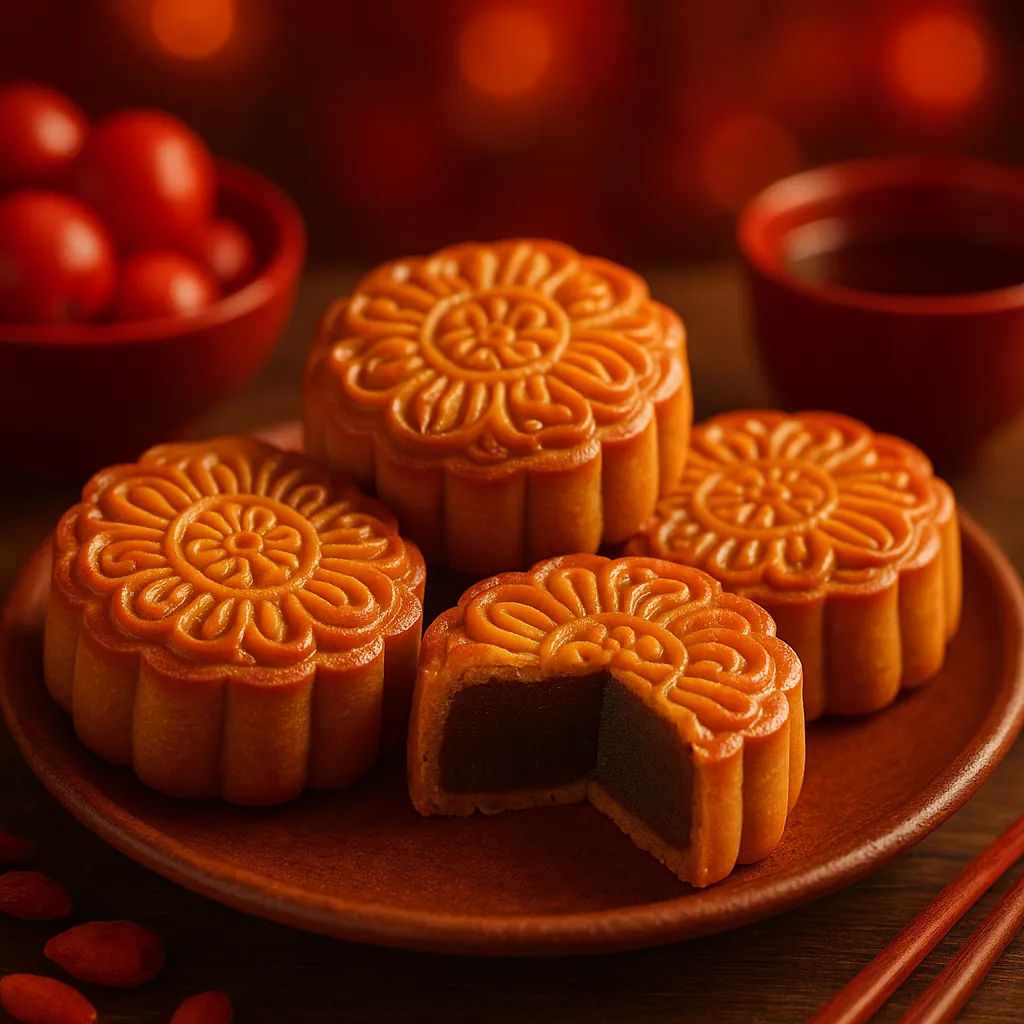 Enjoy an online jigsaw puzzle designed for browser play, featuring a warm still-life of traditional mooncakes and tea.