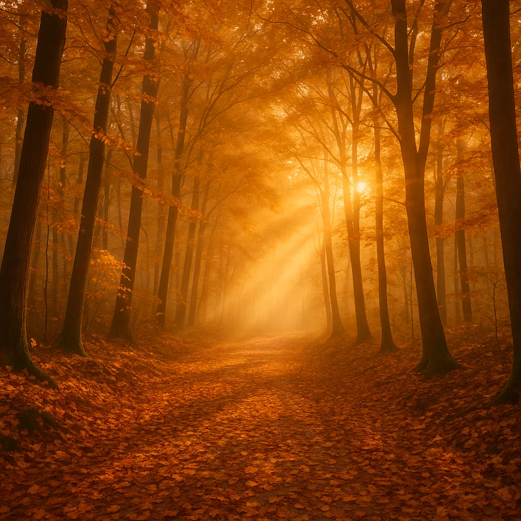 Discover a puzzle with a golden autumn forest path bathed in warm sunlight — tall trees line a leaf-strewn trail while soft sunbeams pierce gentle morning mist.