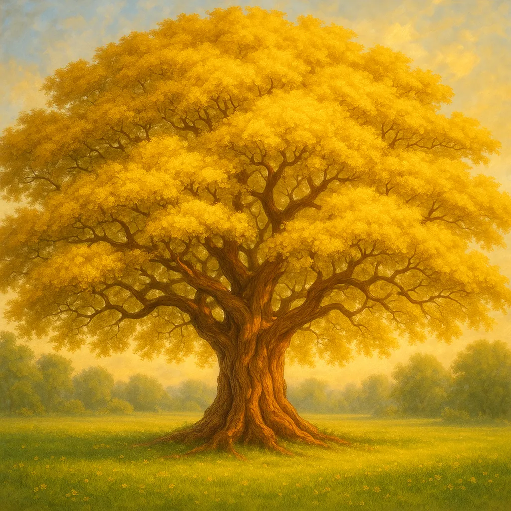 Discover a puzzle with a majestic golden oak standing alone in a sunlit meadow.