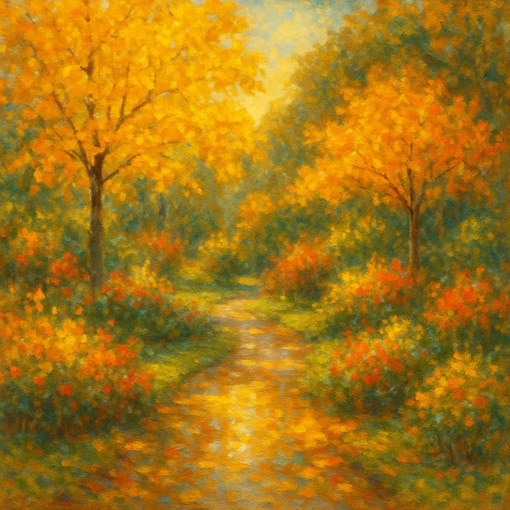 Enjoy assembling a puzzle depicting a dreamy autumn woodland path bathed in golden light.