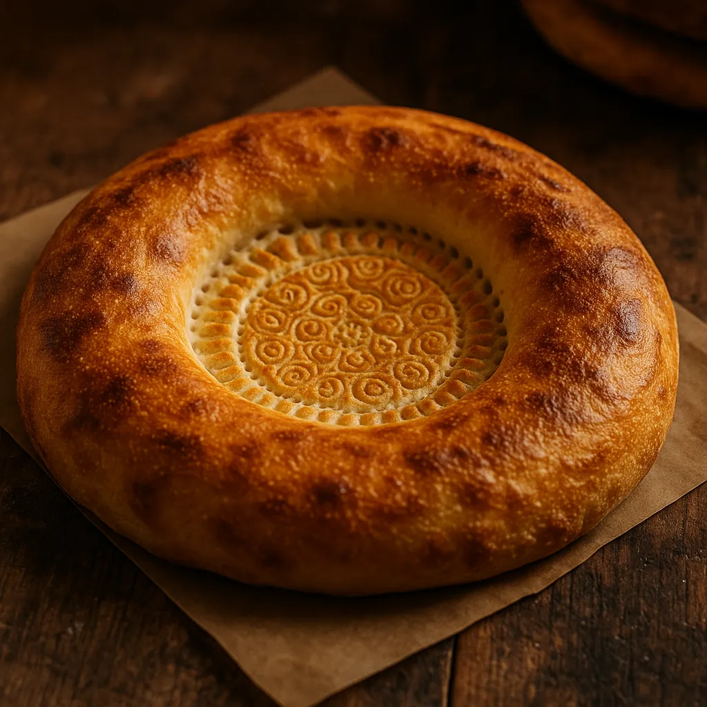 Enjoy assembling a puzzle depicting a beautiful round flatbread with a glossy golden-brown crust and an intricately stamped center pattern.