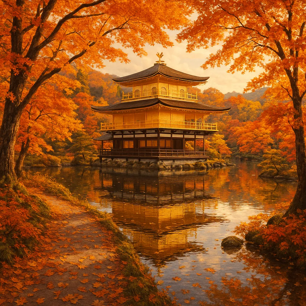 Discover a puzzle with a golden pagoda nestled in a serene autumn landscape, its warm ochre and amber tones mirrored perfectly in a glassy pond.