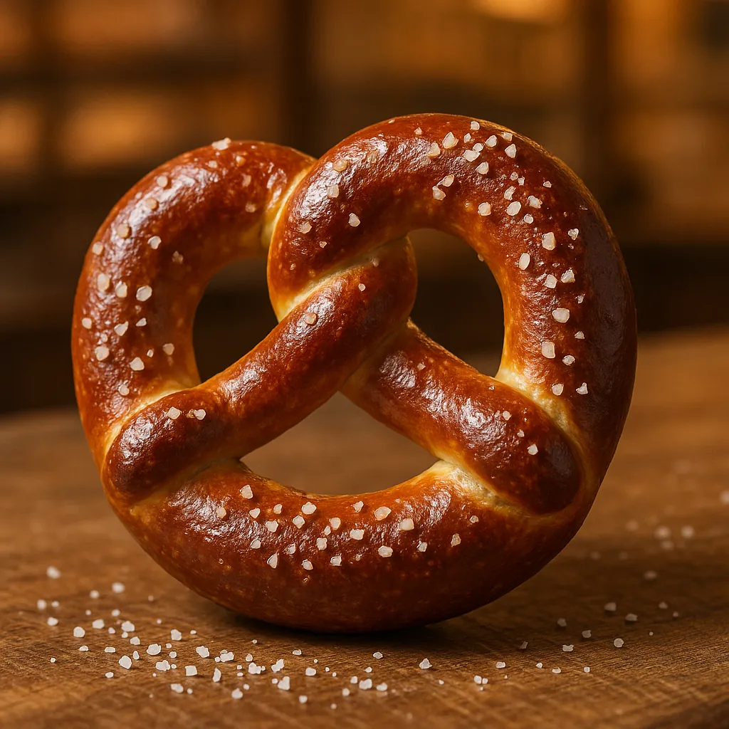 Discover a puzzle with a golden, glossy soft pretzel sprinkled with coarse sea salt, captured in a warm, cozy bakery close-up.