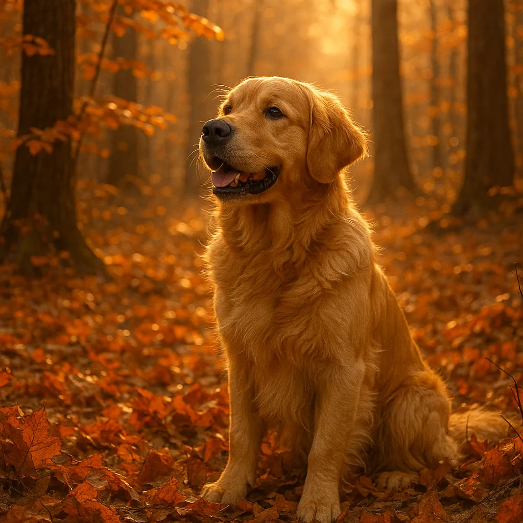 Discover a puzzle with a friendly golden retriever sitting among a carpet of fall leaves in a sunlit autumn forest.