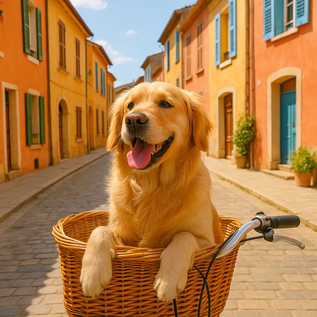 Discover a puzzle with an adorable golden retriever sitting happily in a woven bicycle basket on a sunlit cobblestone street.