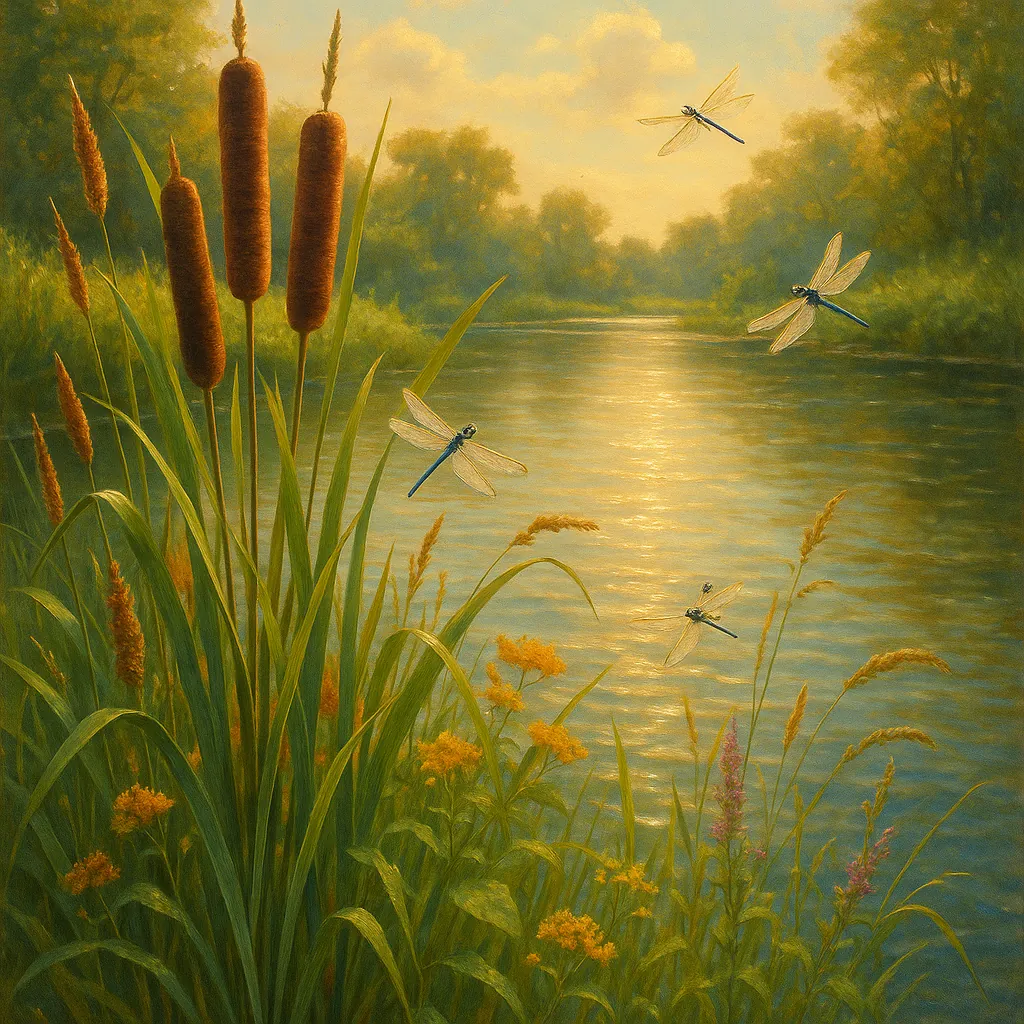Enjoy assembling a puzzle depicting a sunlit riverside scene where golden light shimmers across calm water, tall cattails and lush green reeds frame the foregro