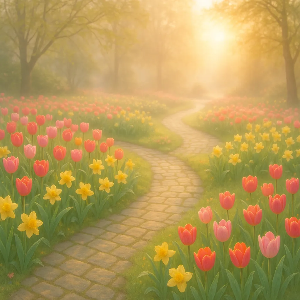 Discover a puzzle with a sunlit spring garden: a winding cobblestone path meanders through carpets of pink and coral tulips and bright yellow daffodils beneath