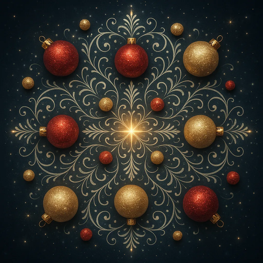 Enjoy an online jigsaw puzzle designed for browser play, featuring a festive holiday arrangement of glittering ornaments and elegant filigree.