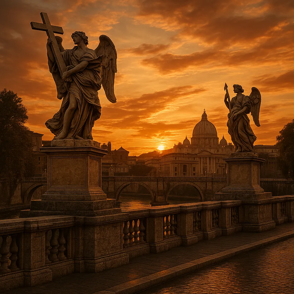 Discover a puzzle with a golden sunset over a historic riverside bridge, where graceful angel statues stand guard and a majestic domed basilica rises on the sky