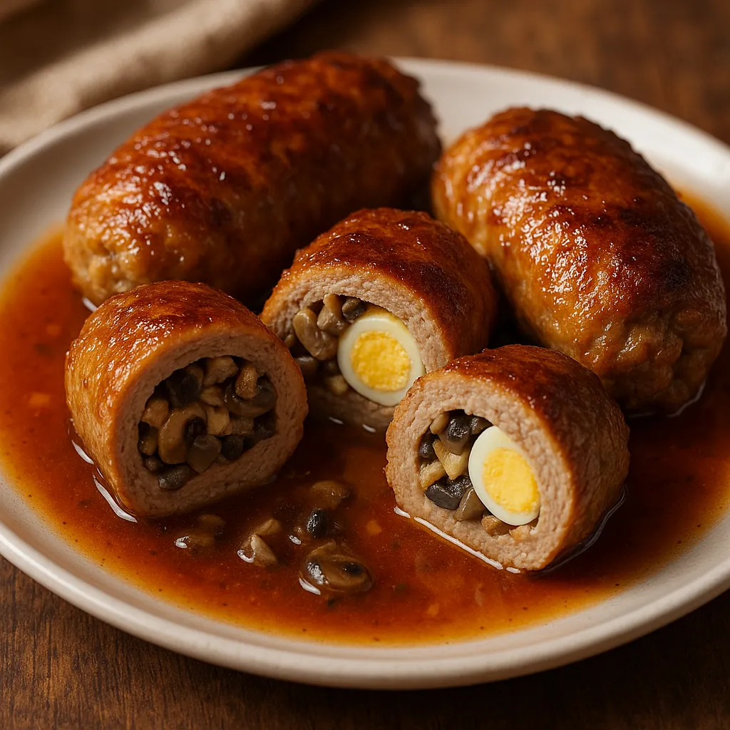 Discover a puzzle with a close-up of savory meat rolls sliced to reveal a mushroom and quail-egg filling, glazed in a glossy brown sauce on a simple white plate