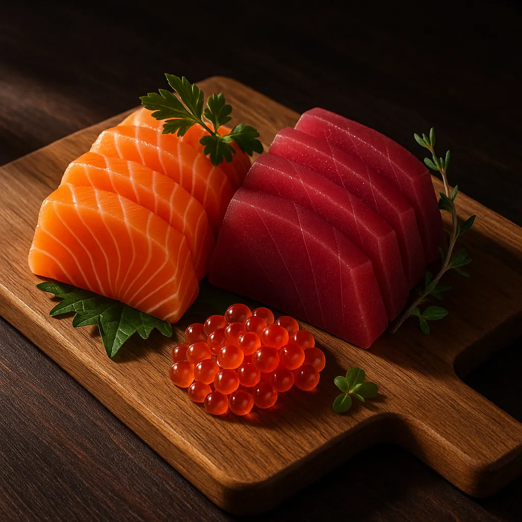 Discover a puzzle with beautifully arranged sashimi on a wooden board: vibrant orange salmon slices with delicate white marbling sit beside deep ruby-red tuna,