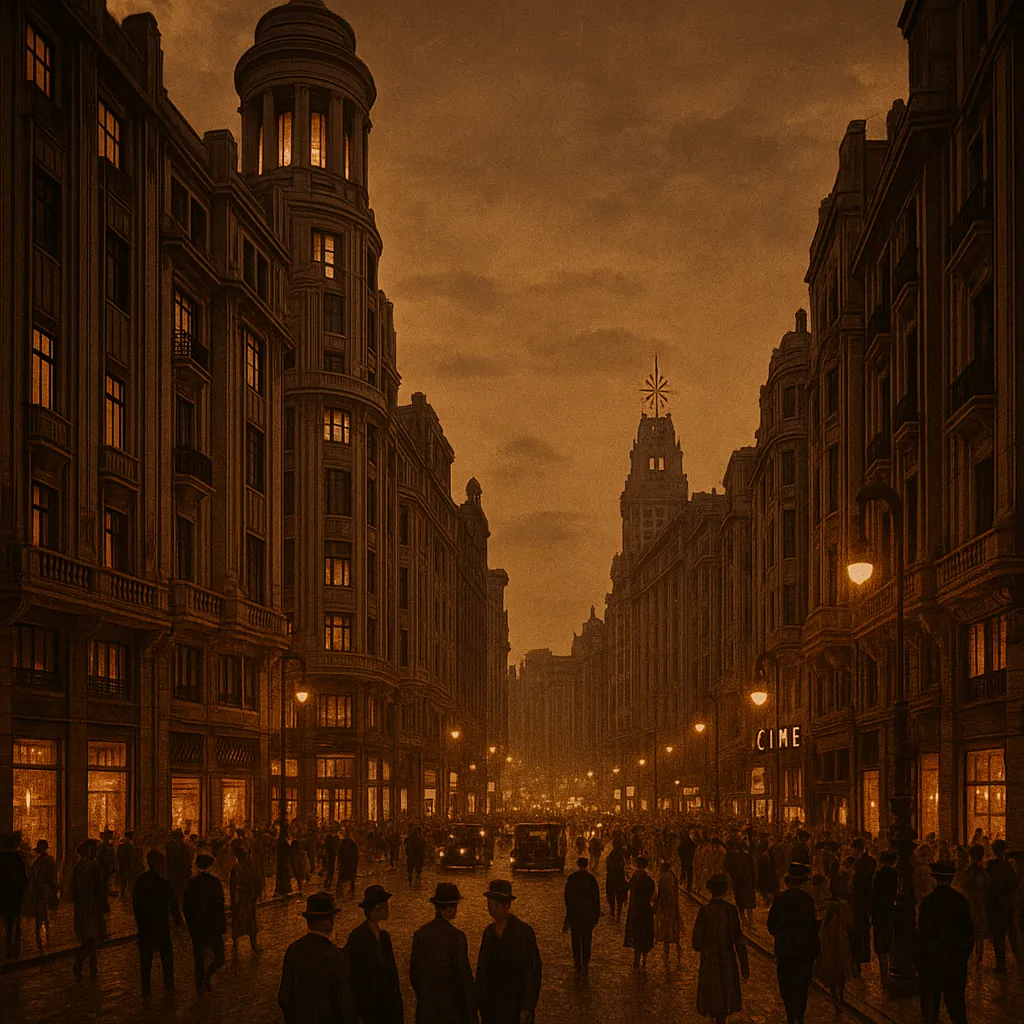 Discover a puzzle with a vintage city street scene bathed in warm sepia tones, showing tall ornate buildings, glowing shop windows, and lamplit avenues at dusk.