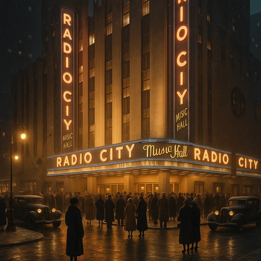 Enjoy an online jigsaw puzzle designed for browser play, featuring a classic city nightlife scene centered on the glowing marquee of Radio City Music Hall.