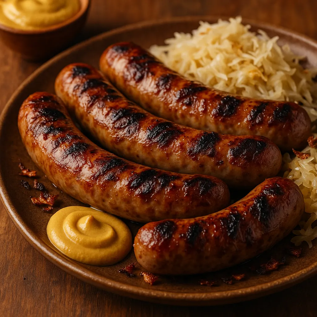 Discover a puzzle with a close-up of four golden-brown grilled sausages nestled on a rustic plate beside tangy sauerkraut and a swirl of mustard.