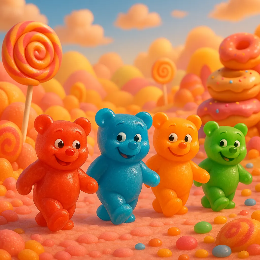 Enjoy an online jigsaw puzzle designed for browser play, featuring a cheerful candyland scene where colorful gummy bears stroll through a sweet, sugary world.