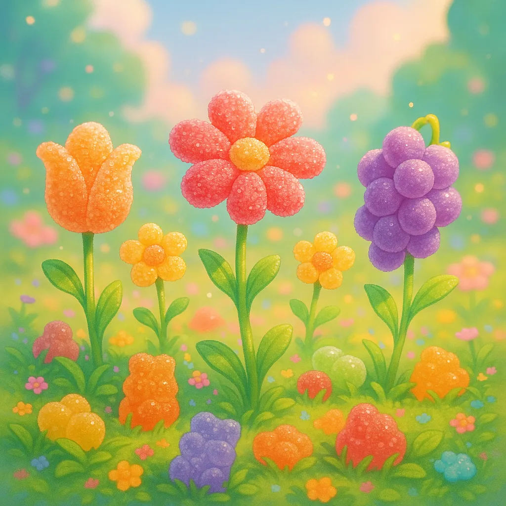Enjoy an online jigsaw puzzle designed for browser play, featuring a whimsical nature scene of candy-like flowers in a sunlit meadow.