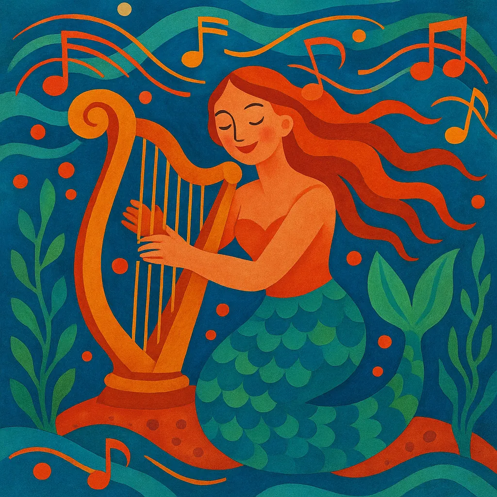 Enjoy assembling a puzzle depicting a serene mermaid playing a harp beneath the waves, rendered in warm oranges and deep teal-greens with playful musical notes
