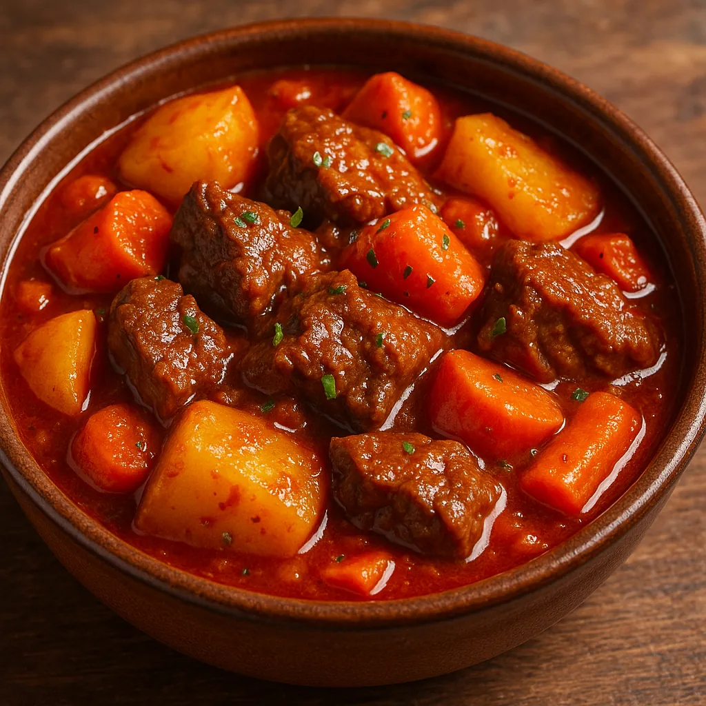 Discover a puzzle with a steaming bowl of hearty beef stew, rich red-brown sauce glistening over chunky beef, golden potatoes, and tender carrots in a rustic ce