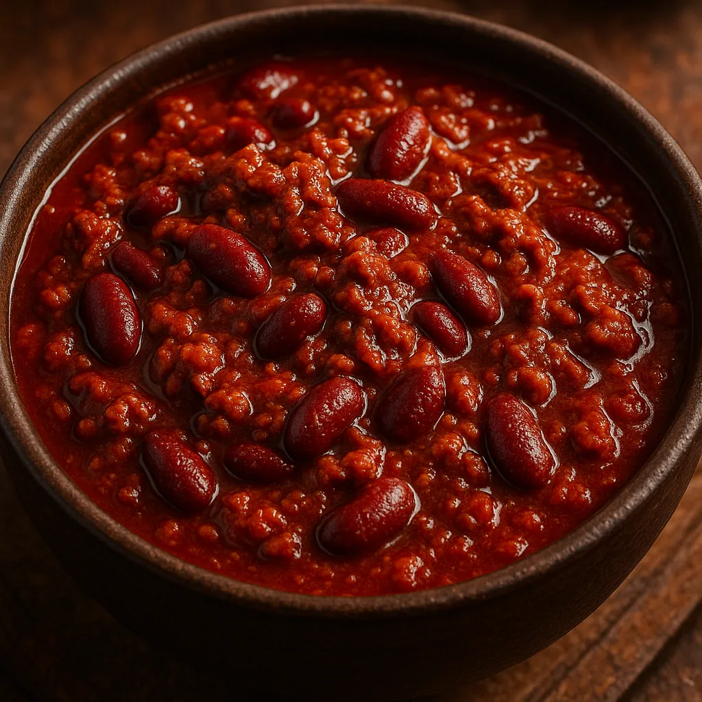 Enjoy assembling a puzzle depicting a steaming bowl of hearty chili — deep red kidney beans nestled in a rich, savory tomato-and-meat sauce, captured in warm, r