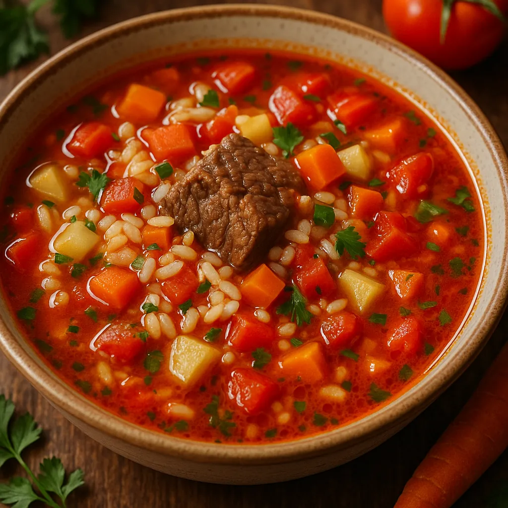 Enjoy assembling a puzzle depicting a steaming bowl of hearty beef and vegetable soup in a warm, tomato-red broth.
