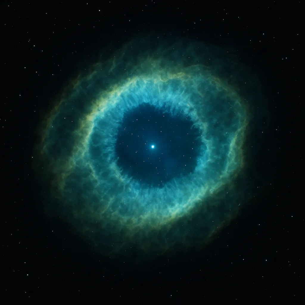 Discover a puzzle with a mesmerizing cosmic ring: a teal and turquoise nebula forming a glowing eye against a deep navy-black starfield, with soft wisps of gree