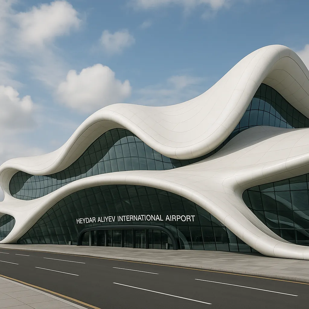Discover a puzzle with a sweeping modern airport terminal defined by creamy white, wave-like curves and large teal-tinted glass panels under a soft blue sky.