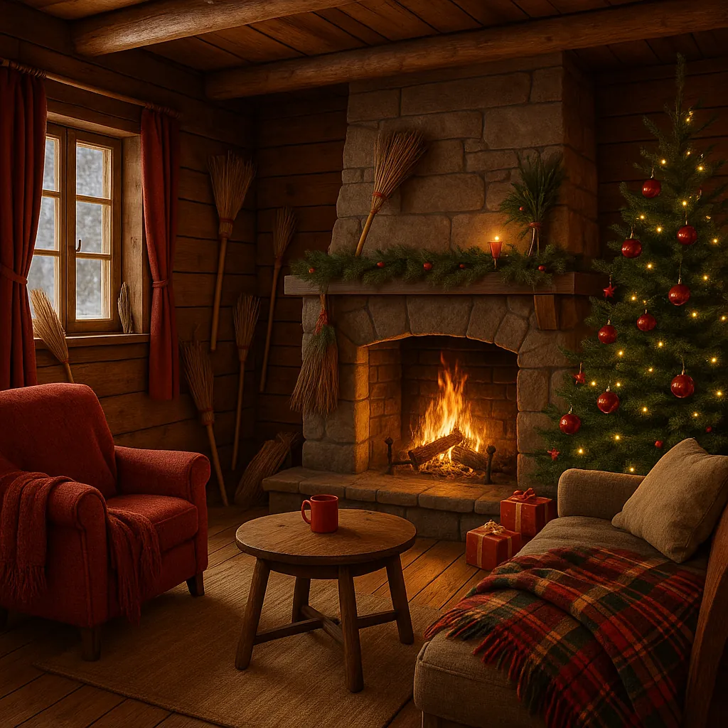 Enjoy assembling a puzzle depicting a cozy log-cabin interior warmed by a glowing stone fireplace and a twinkling Christmas tree.