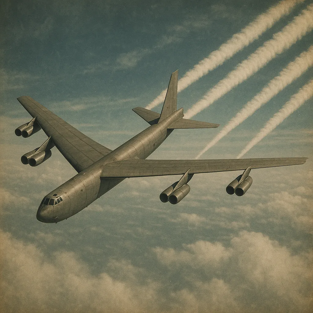 Discover a puzzle with a vintage jet airplane soaring high above a sea of soft clouds, leaving crisp contrails across a muted blue sky.