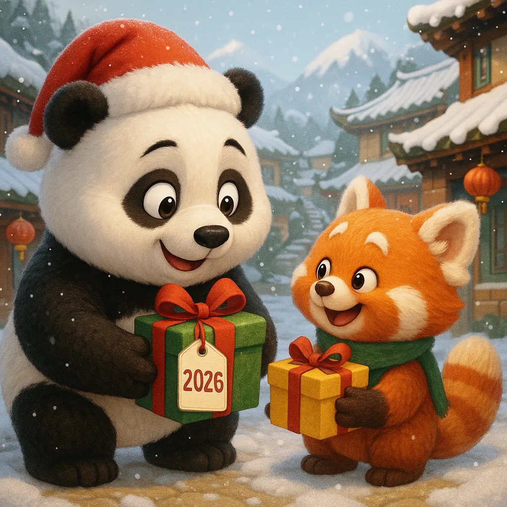 Discover a puzzle with two adorable woodland friends — a cheerful panda in a Santa hat and a smiling red panda exchanging brightly wrapped gifts labeled 2026 —