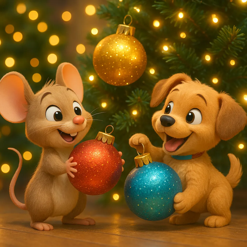 Enjoy assembling a puzzle depicting an adorable mouse and puppy decorating a warmly lit Christmas tree, each holding glittering red and blue baubles against a b