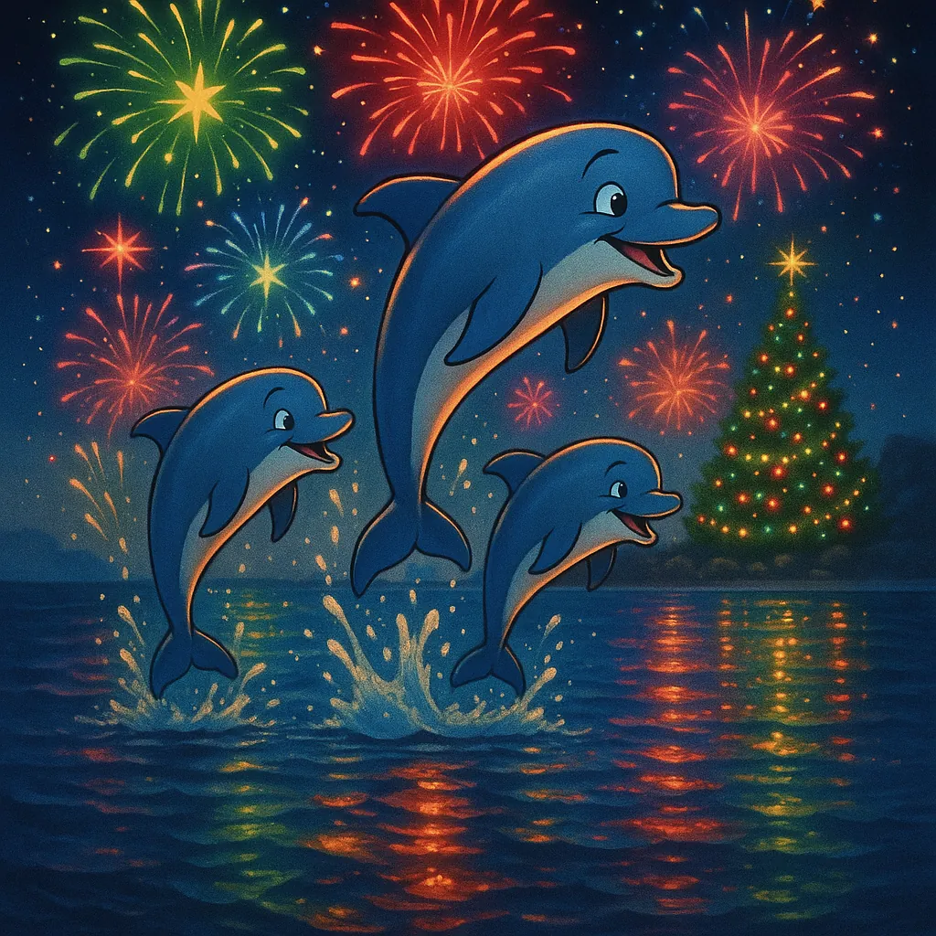 Enjoy assembling a puzzle depicting three cheerful dolphins leaping from a moonlit sea beneath a sky filled with colorful fireworks and a twinkling Christmas tr