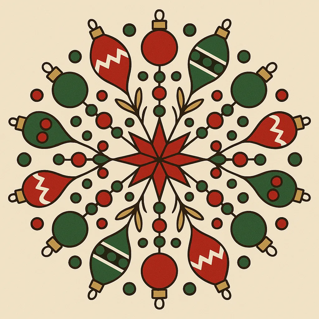 Enjoy an online jigsaw puzzle designed for browser play, featuring a festive holiday ornament mandala that blends seasonal charm with decorative art.