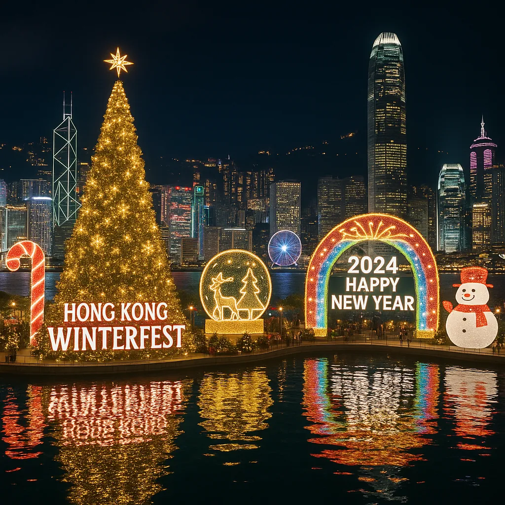 Discover a puzzle with a sparkling Hong Kong skyline at night, featuring a giant illuminated Christmas tree labeled "Hong Kong Winterfest," a glowing rainbow ar