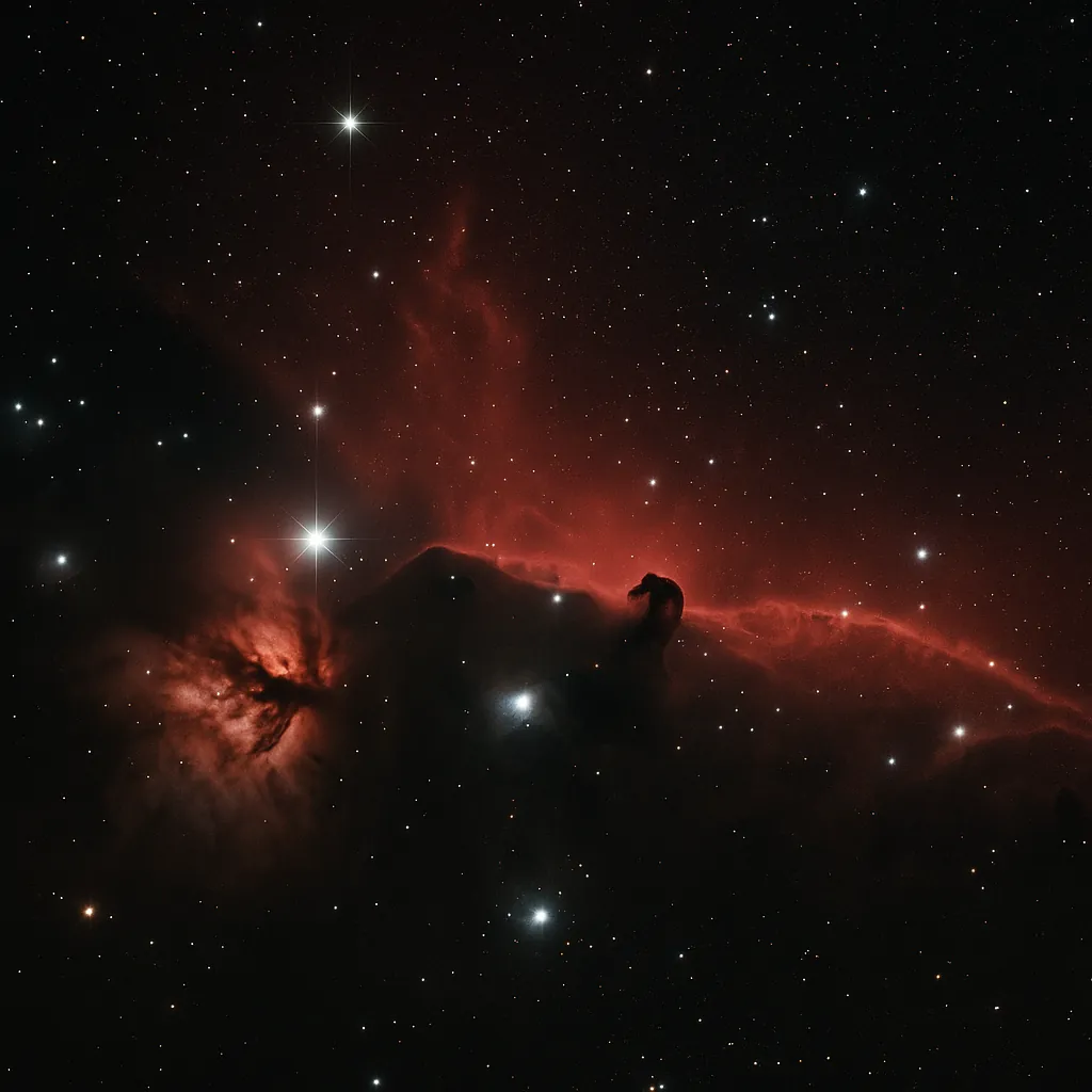 Discover a puzzle with a dramatic view of deep space: a dark, horse-shaped nebula silhouetted against glowing crimson and ember-red gas, scattered with bright,