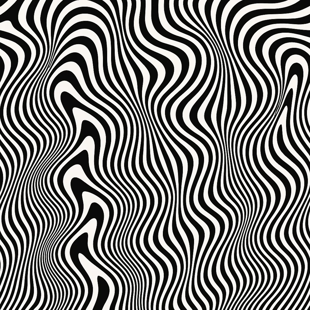 Discover a puzzle with bold black-and-white optical illusion stripes that ripple and bend across the image in flowing, wavy bands.