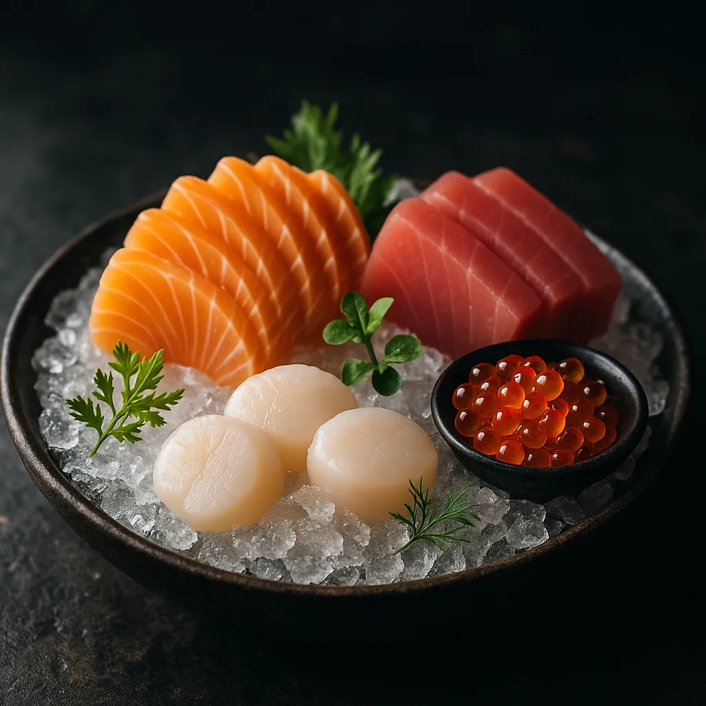 Discover a puzzle with a beautifully composed bowl of fresh sashimi on crushed ice, featuring silky orange salmon, deep-red tuna, plump scallops, and glossy sal