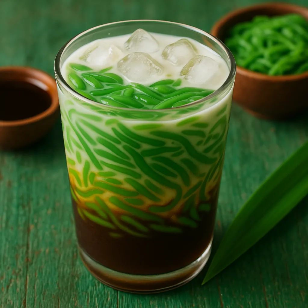 Discover a puzzle with a vivid close-up of a tropical iced dessert: a tall glass layered with dark palm sugar syrup, creamy coconut milk, and bright green panda