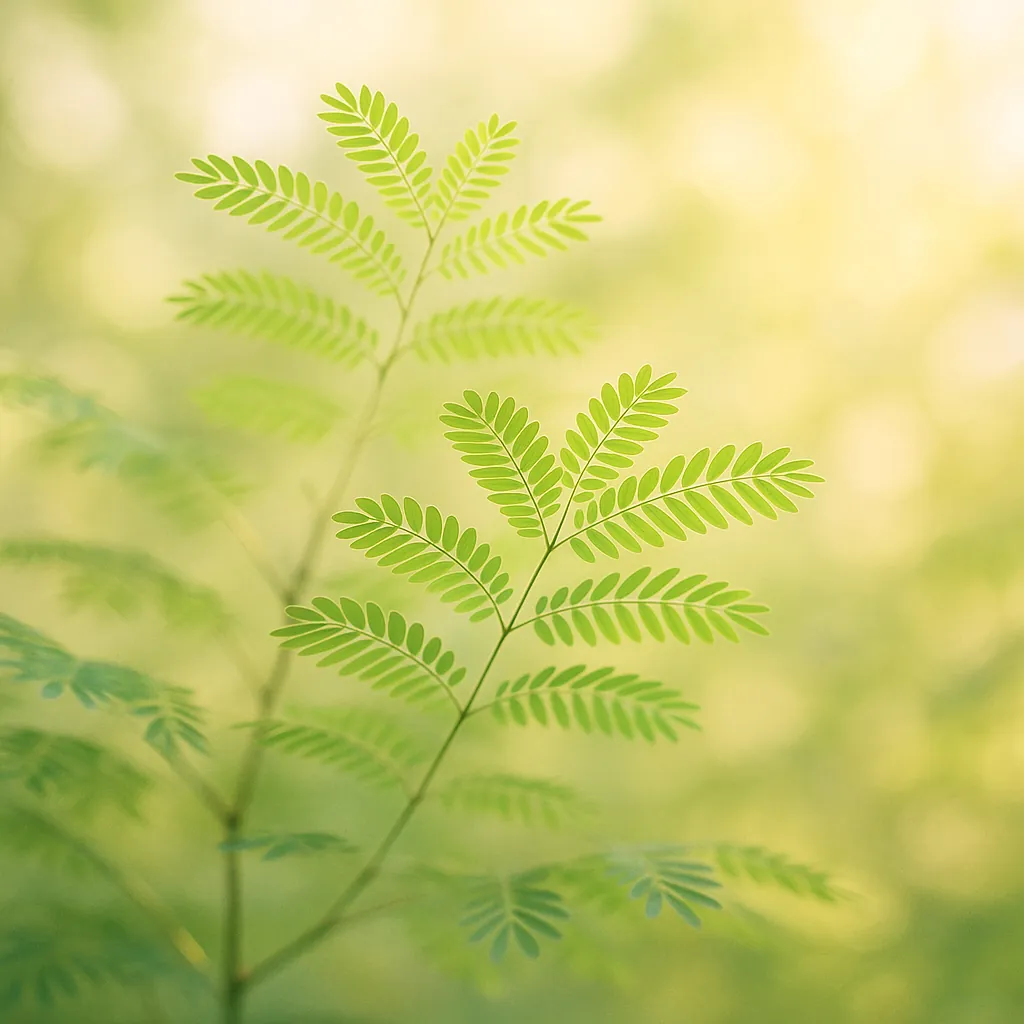 Discover a puzzle with delicate green leaves backlit by warm, golden sunlight — a close-up of fern-like foliage set against a soft, creamy bokeh background.