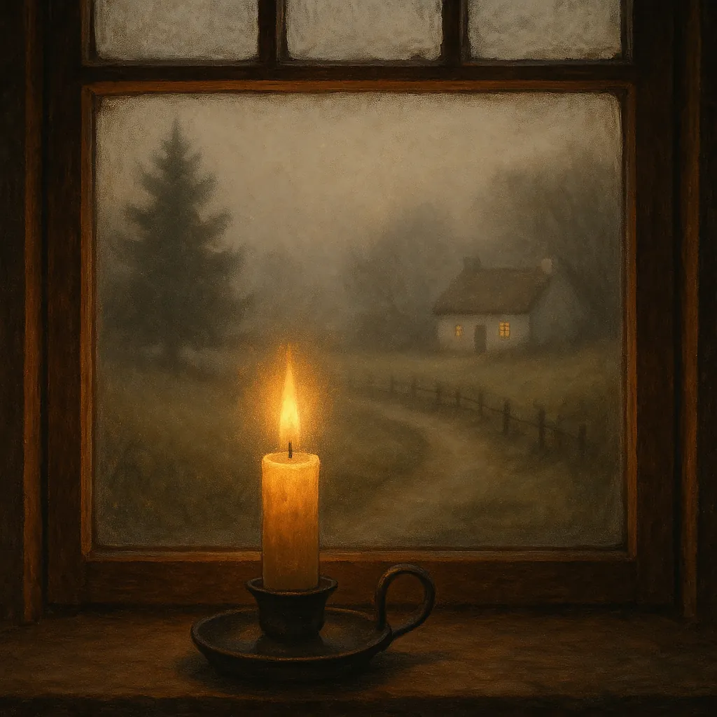 Discover a puzzle with a glowing candle on a windowsill looking out over a misty country lane and a small, warmly lit cottage.