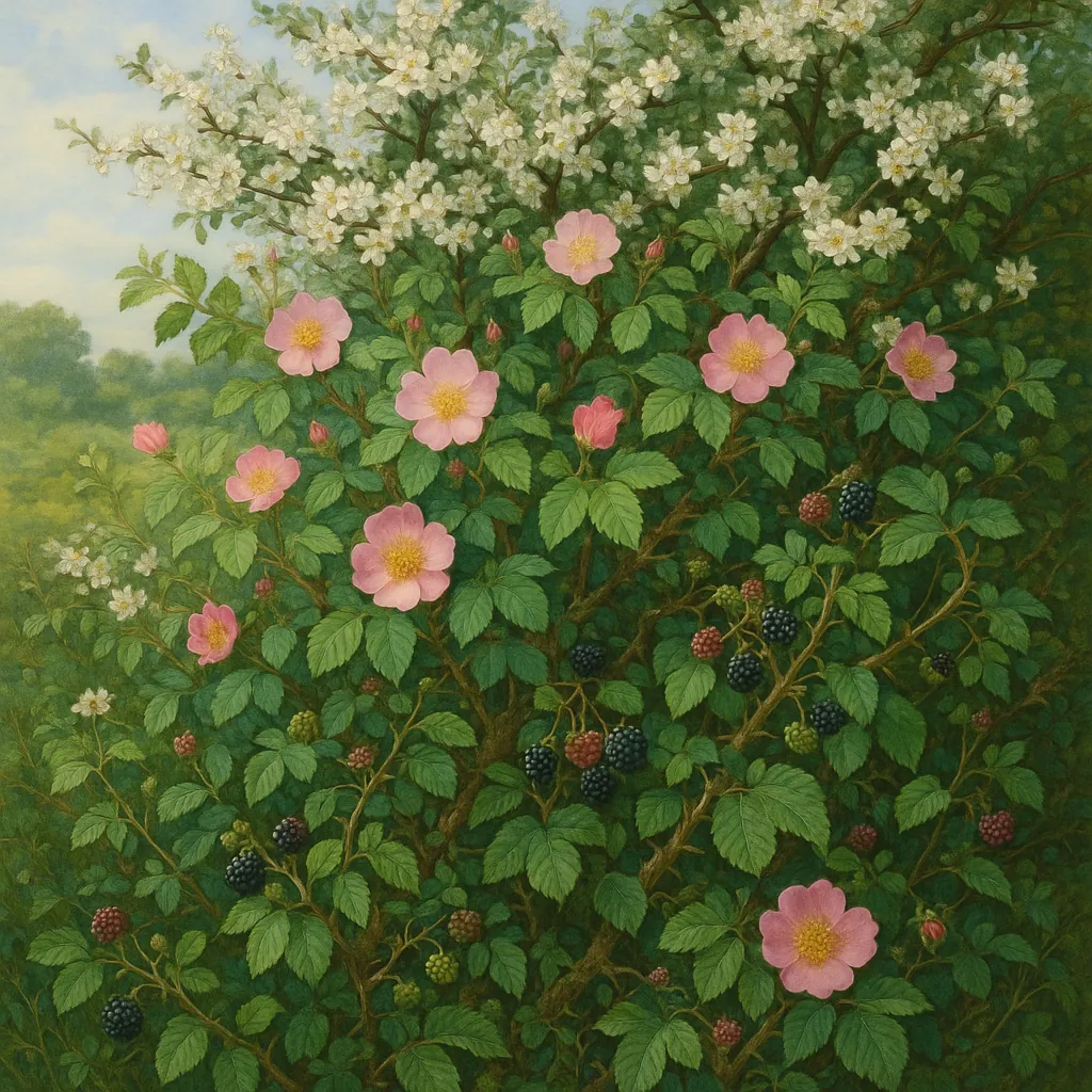 Discover a puzzle with a lush blackberry and wild rose bush in full bloom, where soft pink petals and clusters of white blossoms mingle with deep green leaves a