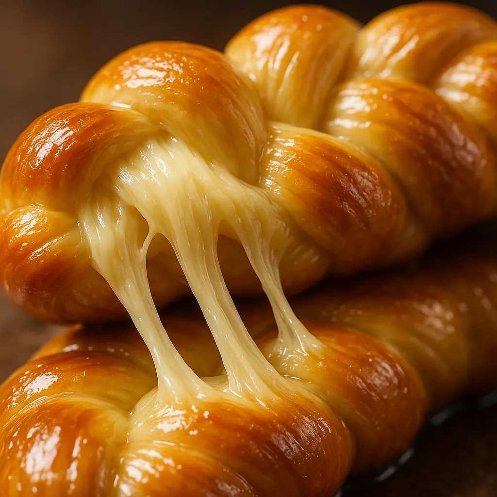 Try solving a puzzle that shows a close-up of a golden, glossy braided bread oozing gooey, stretchy cheese.