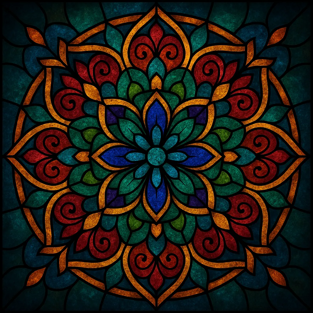Enjoy an online jigsaw puzzle designed for browser play, featuring a radiant stained-glass mandala in rich, jewel-toned colors.