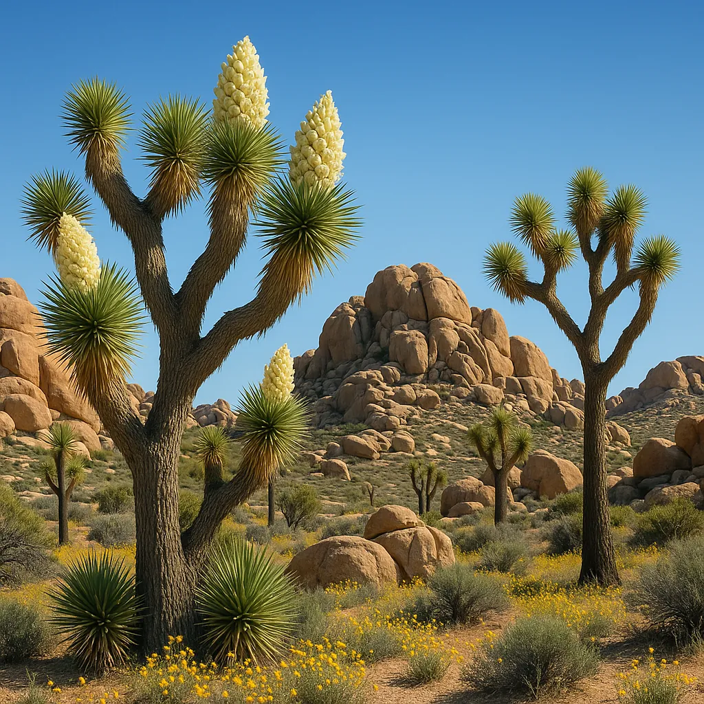 Enjoy an online jigsaw puzzle designed for browser play, featuring a sunlit desert scene of Joshua trees and rugged rock formations.
