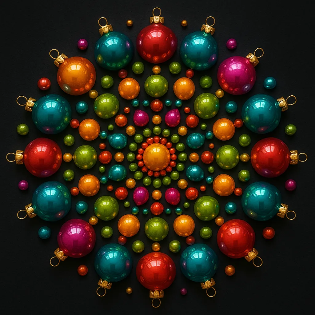 This online jigsaw puzzle features a vibrant mandala of colorful holiday ornaments arranged against a deep black background, perfect for lovers of seasonal déco
