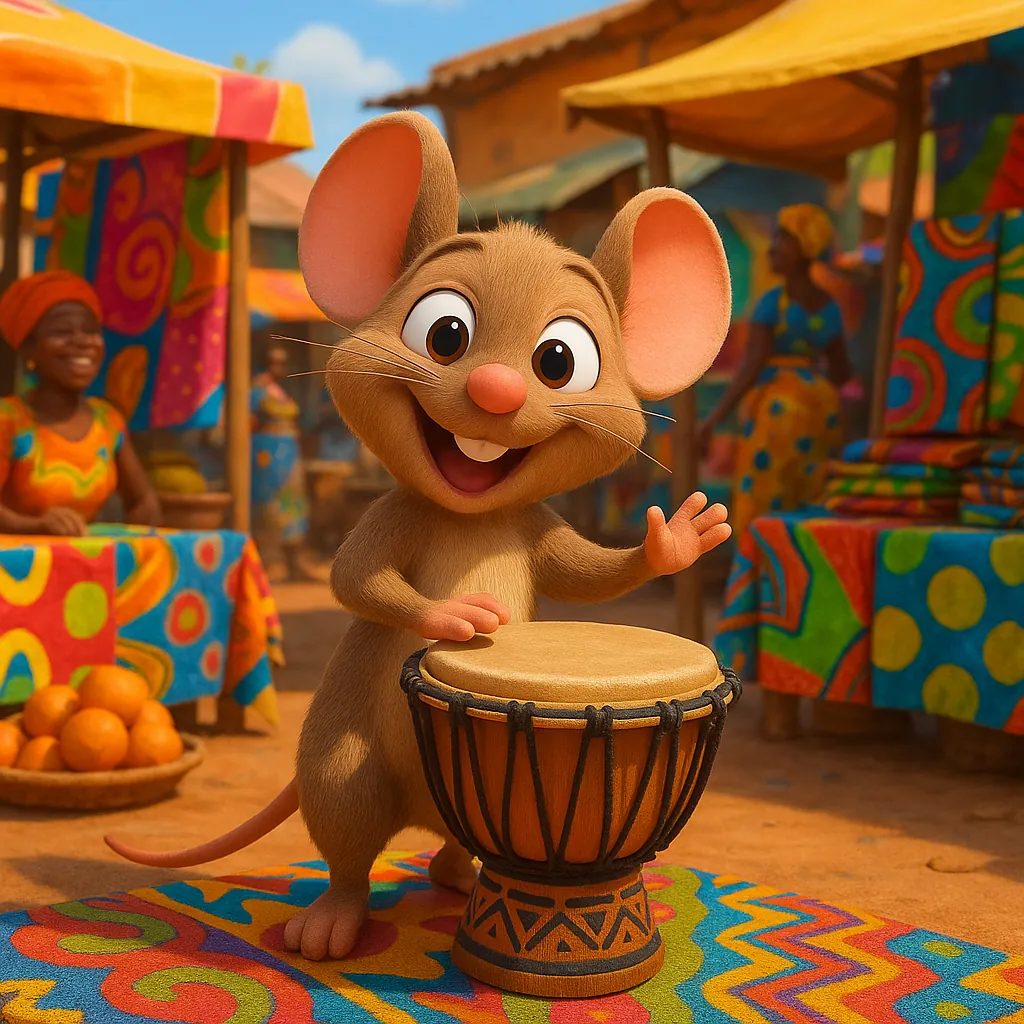 Discover a puzzle with a cheerful cartoon mouse playing a hand drum in a vibrant open-air market.