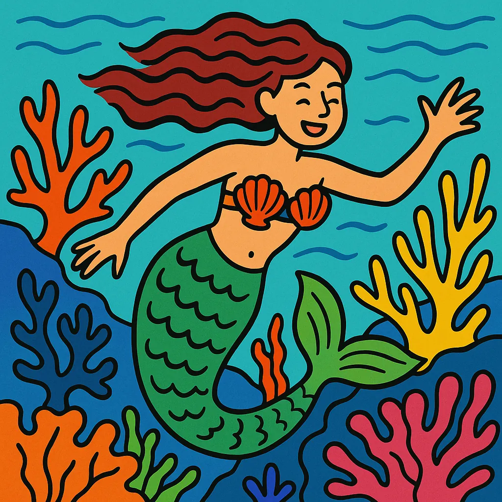 Enjoy assembling a puzzle depicting a cheerful mermaid swimming through a bright, stylized coral reef.