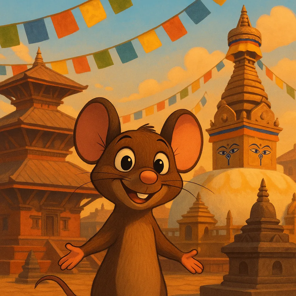 Enjoy assembling a puzzle depicting a cheerful cartoon mouse standing before sunlit temple spires and a stupa adorned with painted eyes, with colorful prayer fl